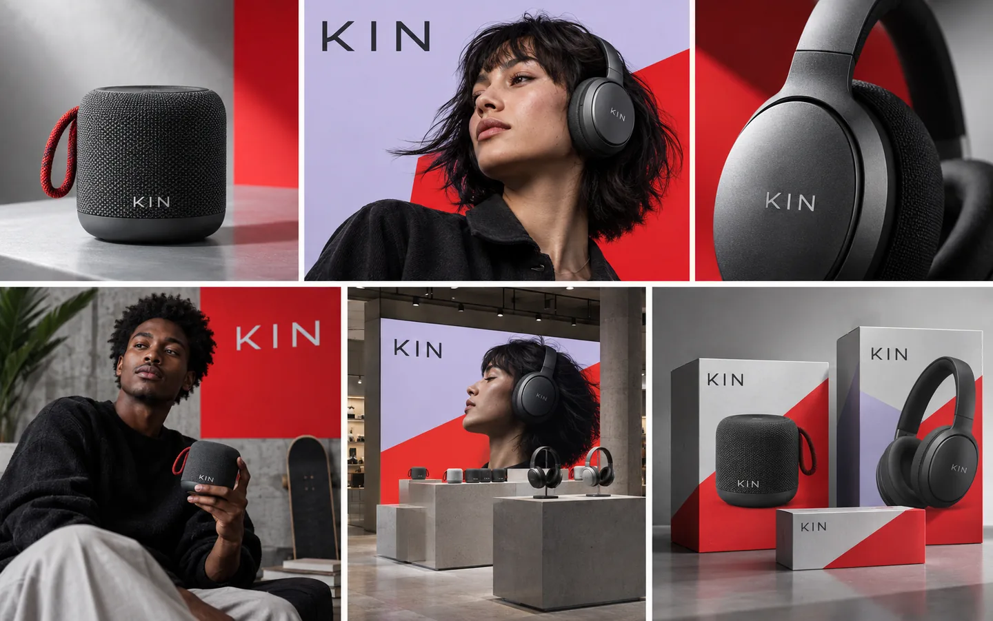 Campagne tech fictive KIN avec créateur, retail et packaging
